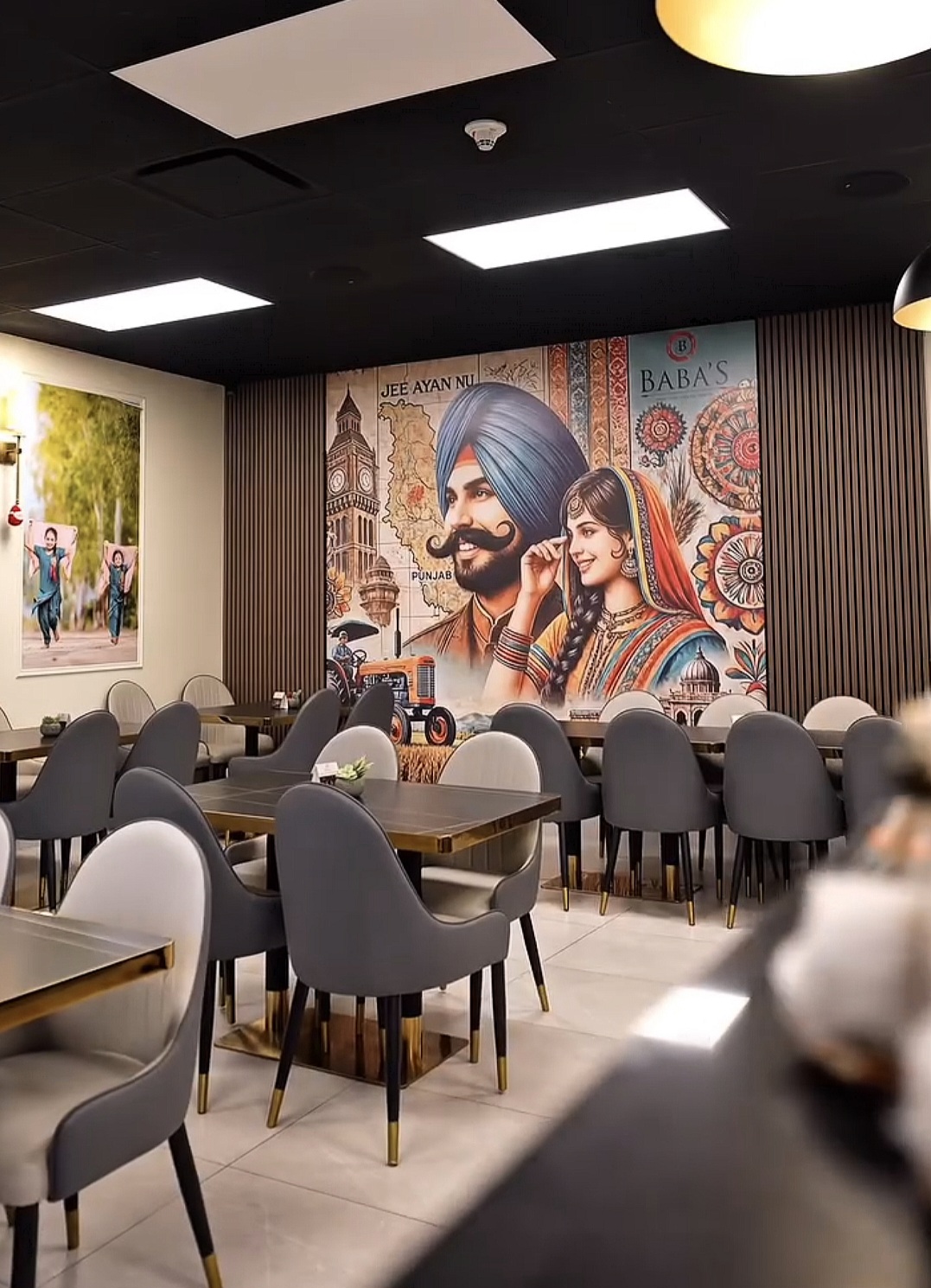 The dining room, with the Jee Ayan Nu mural