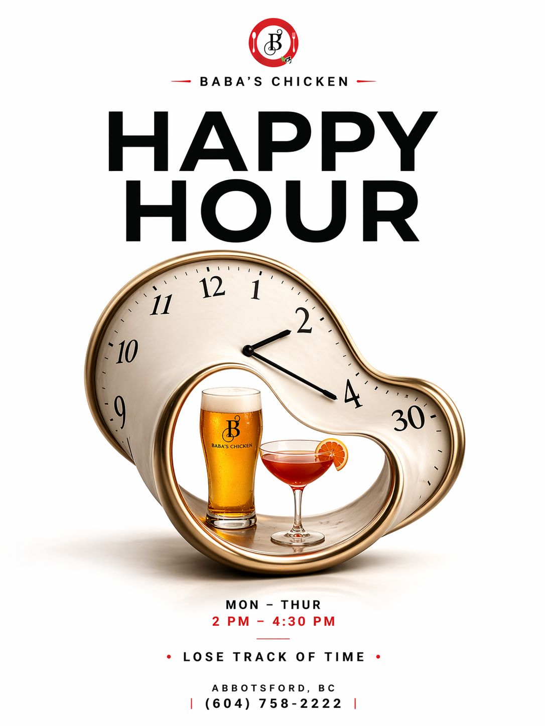 Happy Hour at Baba's — Mon–Thur, 2 PM to 4:30 PM.