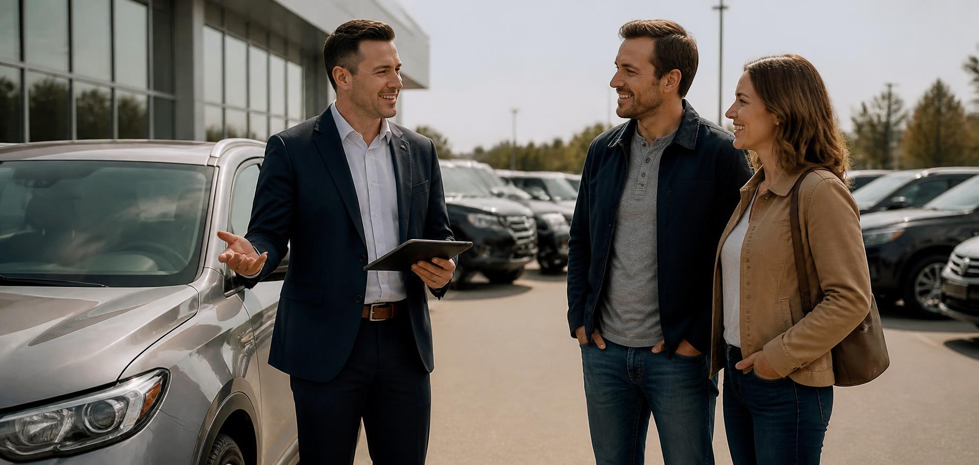 A salesperson talking with two customers beside a vehicle on the lot