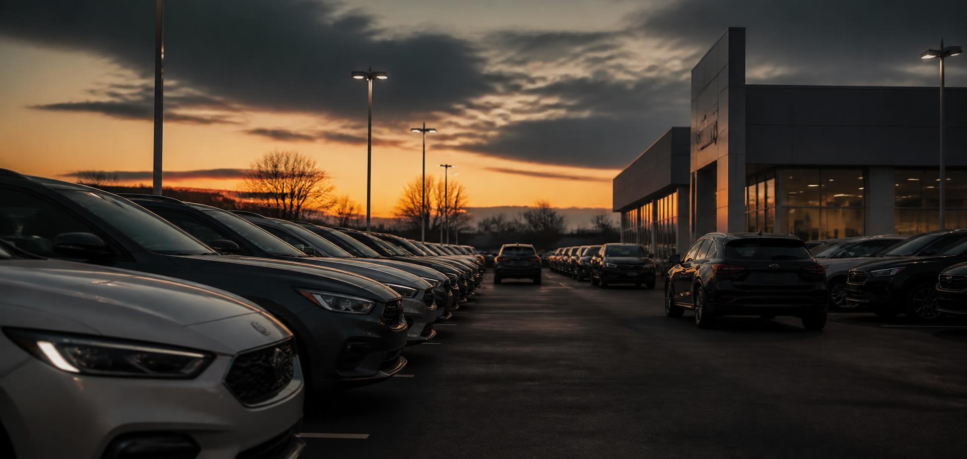 Dealership forecourt at dusk with rows of vehicles