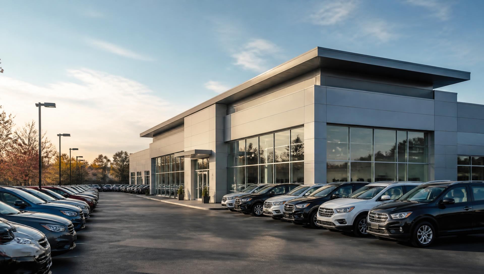 Wide exterior view of a dealership building and its vehicle lot
